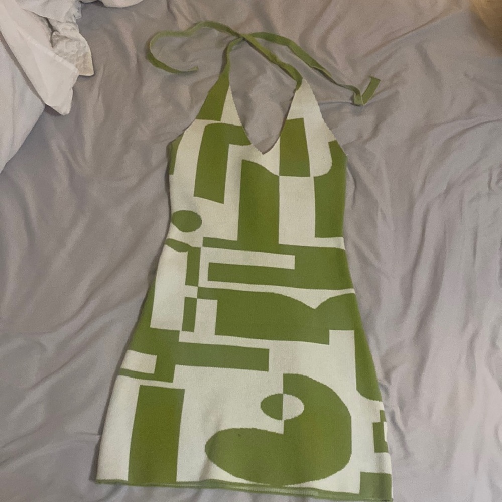 pepper mayo green/white disco halter dress NWOT